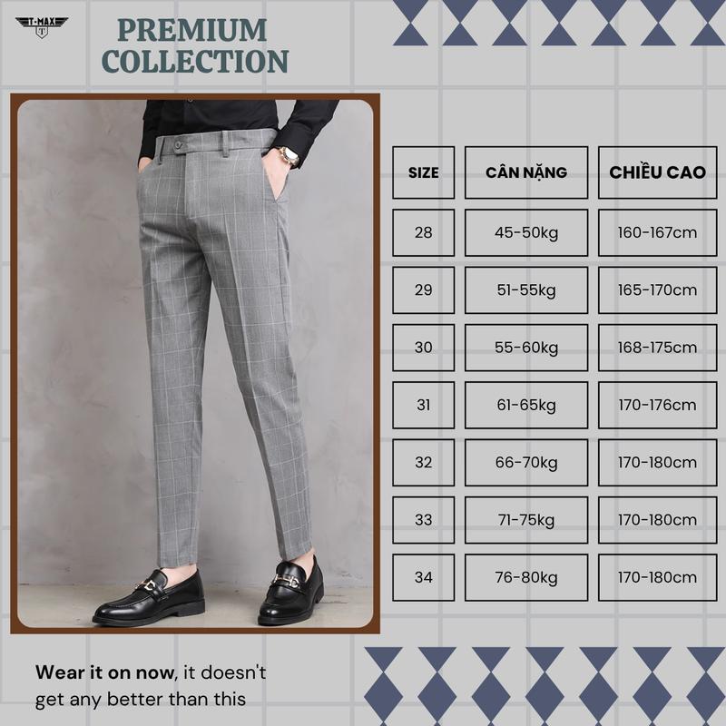 (Deal mở bán) Quần Âu kẻ Caro Cao Cấp T-MAX LUXURY vải co giãn dày dặn may tiêu chuẩn VNXK from ôm slimfit nam