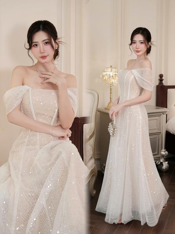  Đầm thiết kế Trễ vai kim sa gân eo sang chảnh K902 