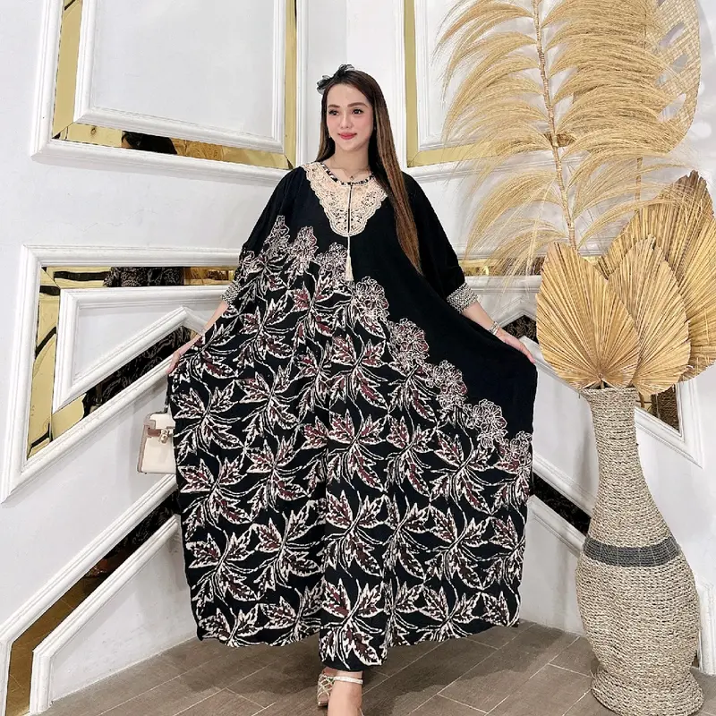 Kaftan Premium Batik Cap/Kaftan Adelia Rayon Tebal Gamis Wanita Motif Hitam 6