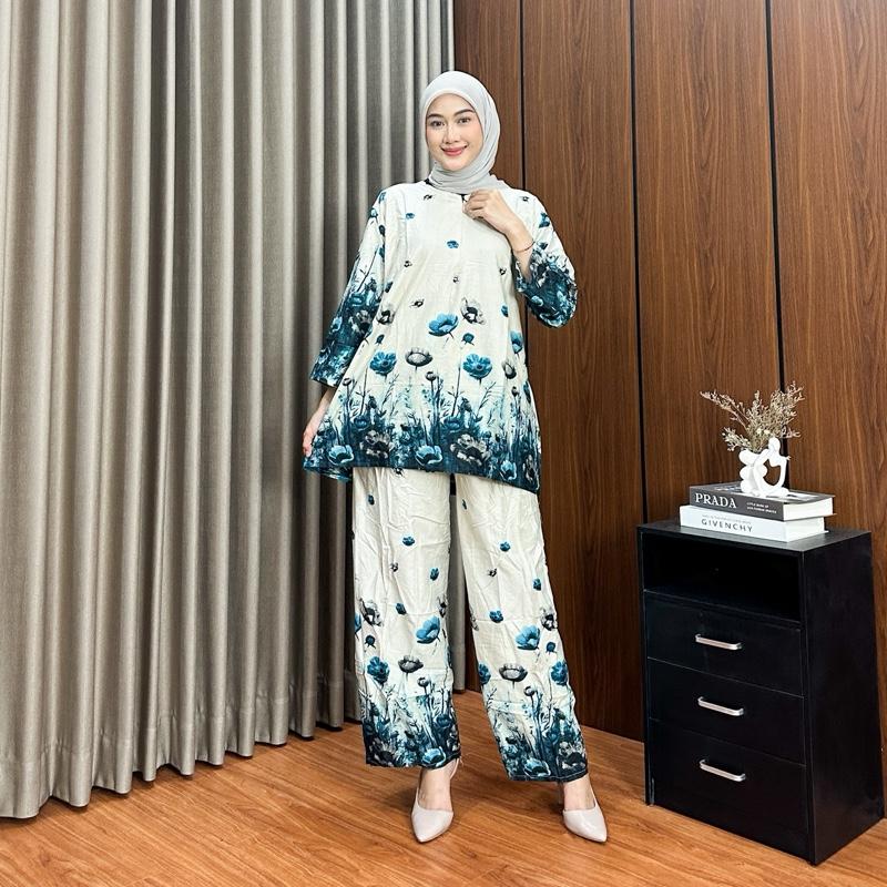 One Set Fadia Rayon Busui Ld 120 Setelan Wanita Atasan Celana Panjang Jumbo Rayon Super Adem Baji Muslim Standar Muat Hingga Bb 85kg