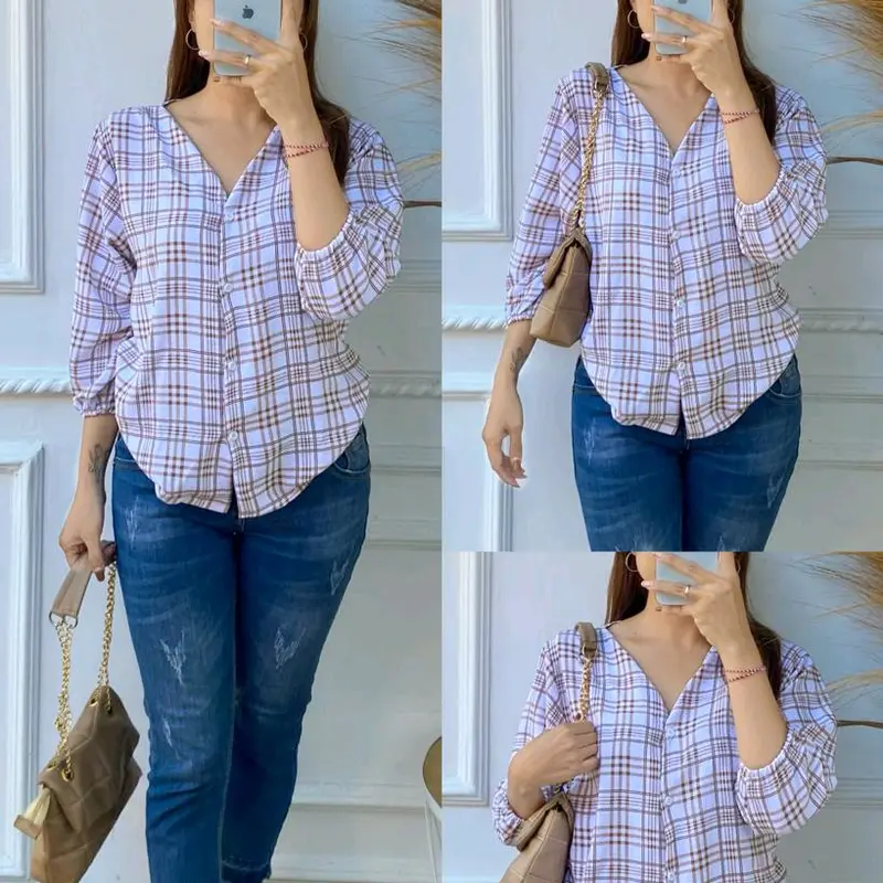 Blouse Kancing Wanita Motif Kotak Ceyflow kringkel Santai 4