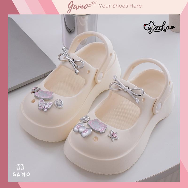 Dép sục nữ XIXITIAO đế cao 5cm kèm charm Mèo nơ bạc kiểu sandal quai hậu dễ thương Gamo CS-169