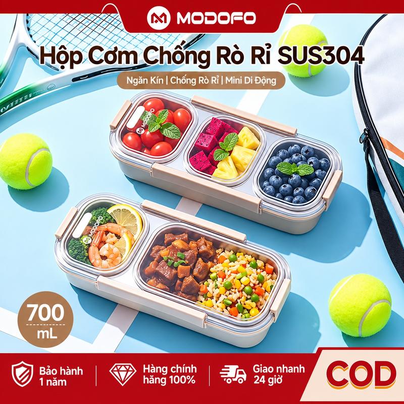 MODOFO Hộp cơm inox 304, 2/3 ngăn, dung tích 700 ml, chống rò rỉ với vòng đệm silicone, kèm muỗng và nĩa, dùng khi đi làm hoặc đi học