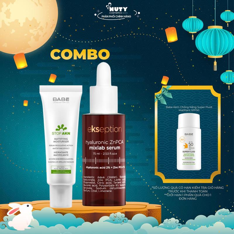 [Tặng KCN 50ml] Combo Kem Dưỡng Cho Da Dầu Mụn Babe Laboratorios Stop AKN Mattifying Moisturiser 50ml+ Ekseption Tinh Chất Giảm Mụn & Dầu Trên Da 75ml