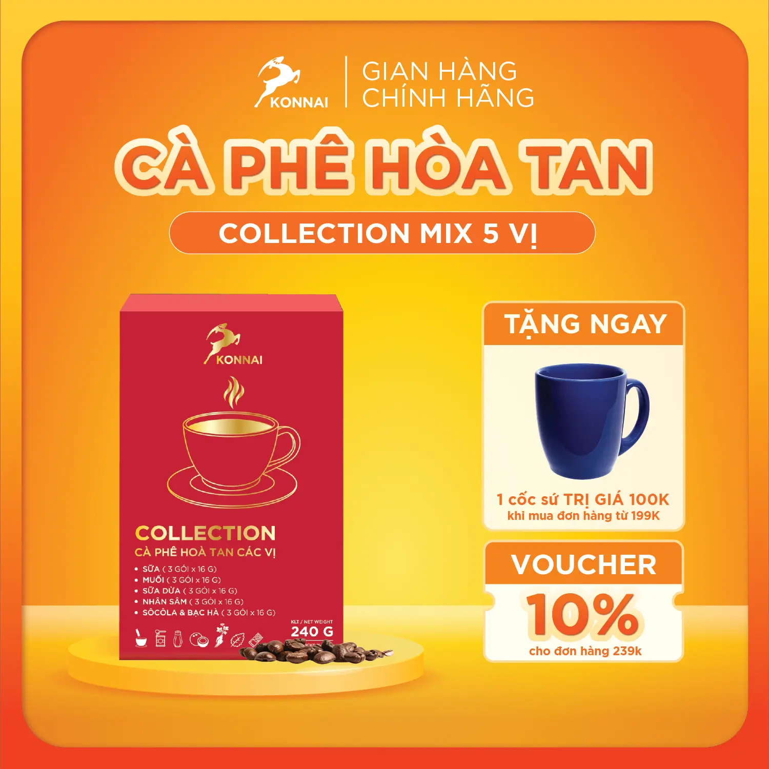 Cà phê hòa tan Collection tổng hợp 5 vị (muối, sữa, sữa dừa, nhân sâm, socola-bạc hà ) Konnai Coffee - Hộp 15 gói