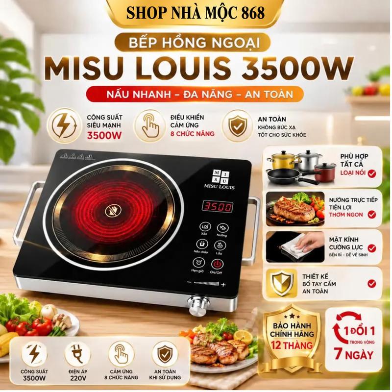 Bếp Hồng Ngoại MISU LOUIS 3500W Cảm Ứng Cao Cấp, Bếp Gốm Điện Có Đèn LED, Mặt Kính Cường Lực Bền Bỉ