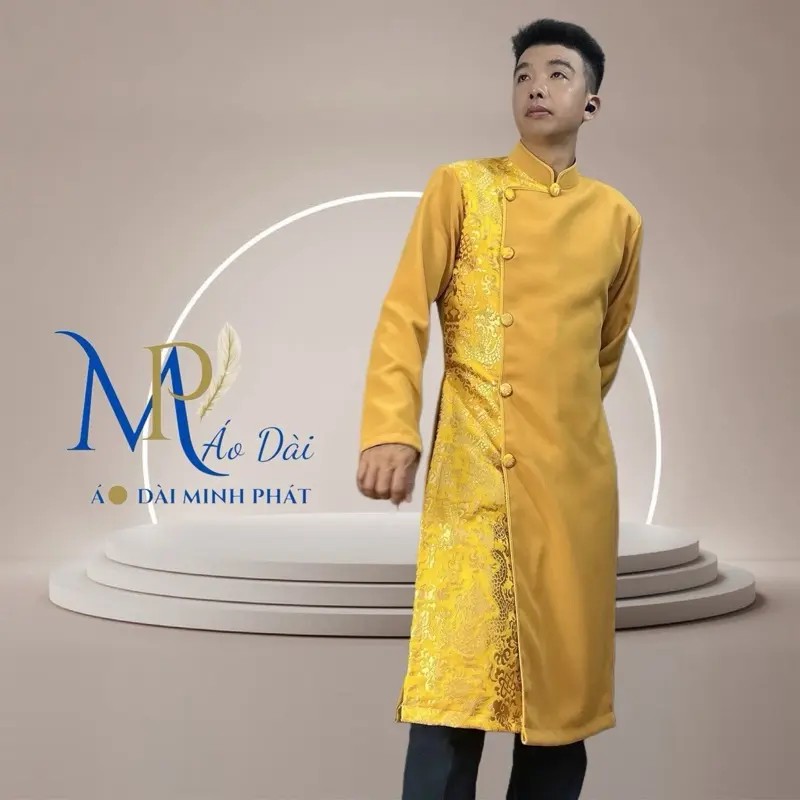 Áo Dài Minh Phát Vải Tuyết Mưa phối Gấm Hoạ Tiết Rồng Vàng  Cách tân cho nam Form Vest sang trọng Với nhiều mầu thích hợp mọi lứa tuổi Menswear 6