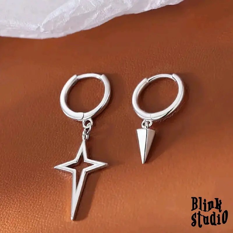 devanka earring - (anting tindik) model bintang dan geometri kerucut / set 2pcs bahan titanium anti karat cocok untuk pria maupun wanita anting  bintang cowok bintang y2k 5