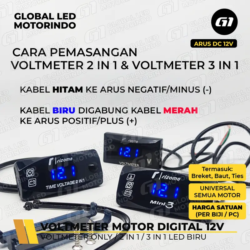 WERACE Voltmeter Motor Digital Only 2in1 3in1 Voltase Dan Jam 12v LED Biru 1