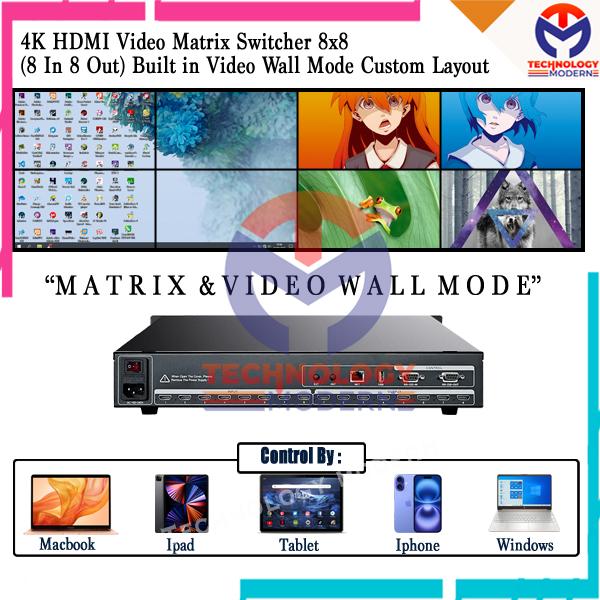 HDMI Matrix Switch 8x8 (8 Input 8 Output) 4K UHD Built In Video Wall Mode 2x4 Support Audio & Custom Layout Black