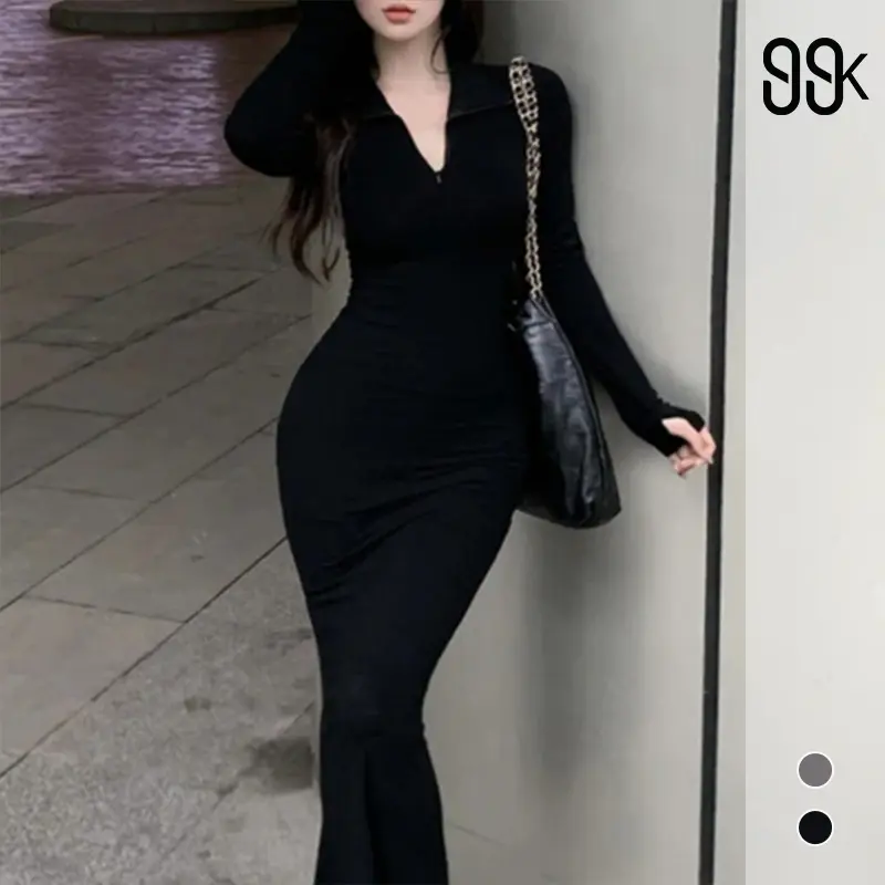 Maxi Dress Fishtail Long Sleeve Plain Half Zip 1793 (S/M/L/XL) 2