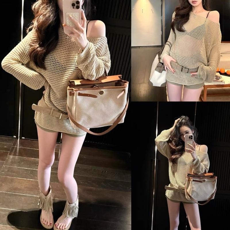 [ Hàng QCCC L1/ Order 7- 10 Ngày ] Set 3 Chi Tiết Gồm Áo Len Lưới Tay Dài Trễ Vai + Quần Sooc Kaki Kèm Dây Betl Women Top Bu DiepGZ205254