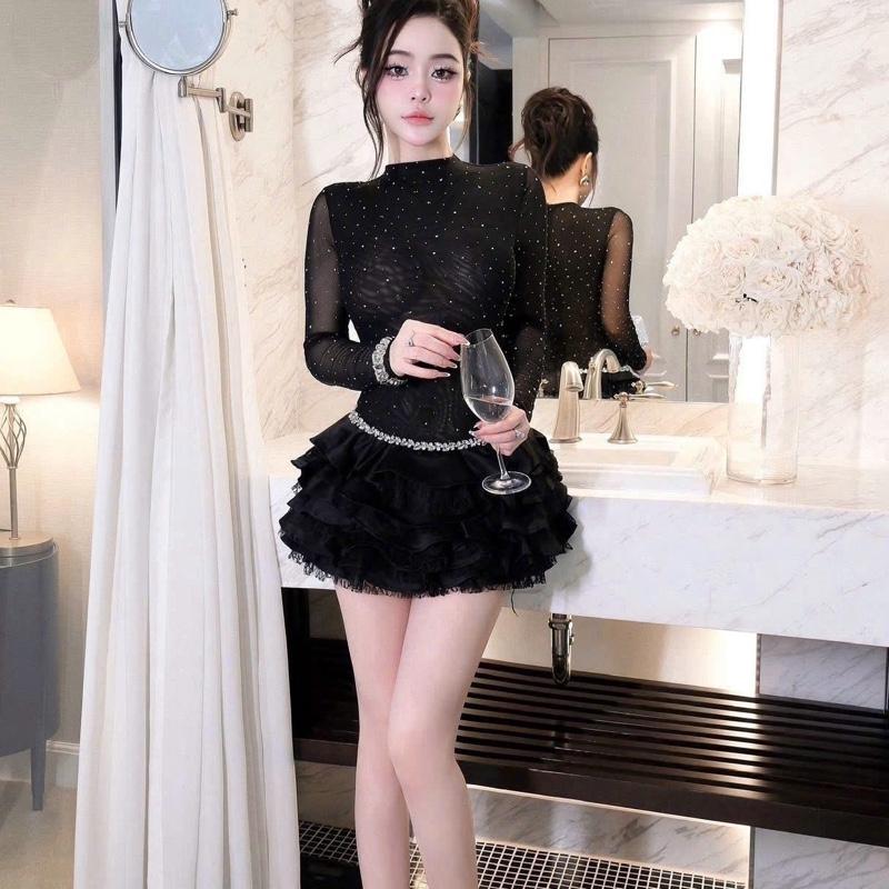 Đầm lưới nhũ dài tay chân váy bồng bềnh mix đá eo sang chảnh