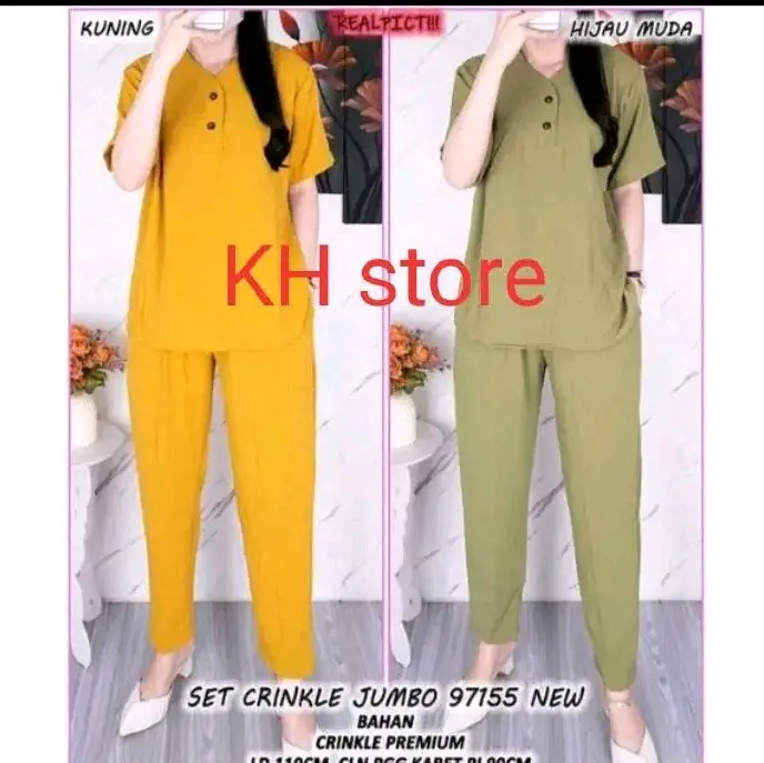 setelan pakaian wanita crinkle air flow terbaru lengan pendek clana panjang bhan crinkle 2