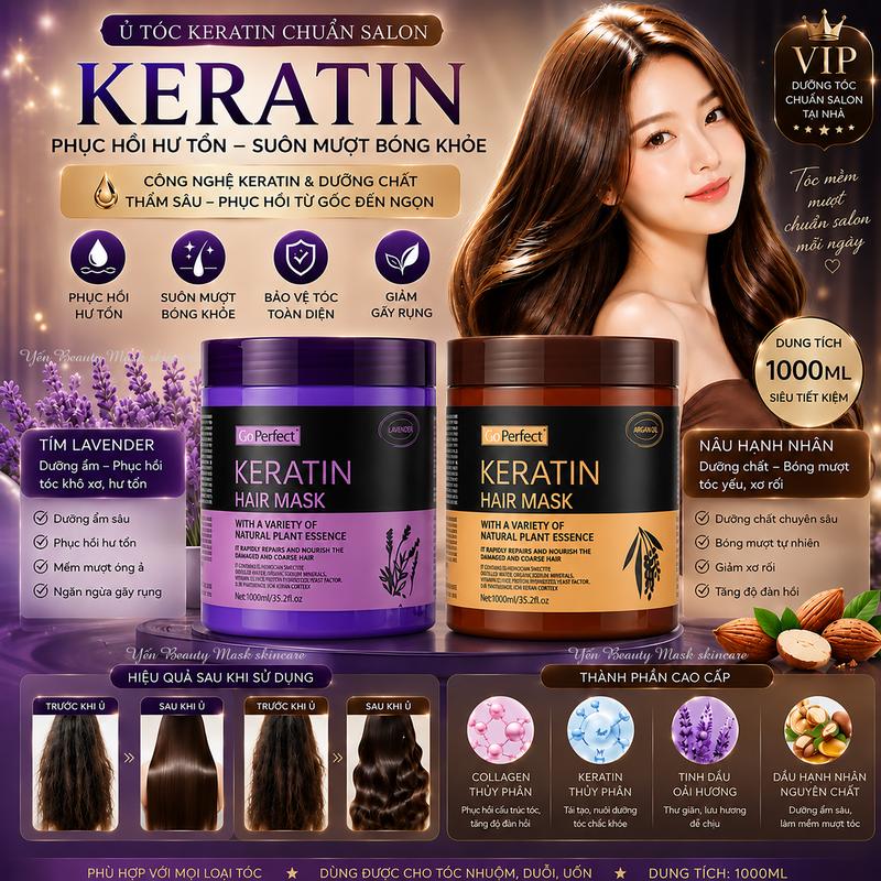 Kem ủ tóc KERATIN COLLAGEN 1000ml ủ, hấp hoặc dùng như kem xả dưỡng tóc mềm mượt, hỗ trợ phục hồi tóc khô xơ, chẻ ngọn sau uốn duỗi, giúp tóc vào nếp với hương thơm nước hoa dịu nhẹ Nữ Women Chăm Sóc Tóc
