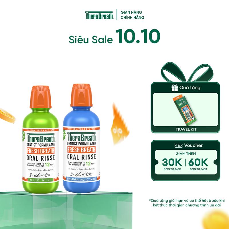 Bộ 2 Nước Súc Miệng TheraBreath Fresh Breath 473ml - Mild Mint & Icy Mint - Làm sạch, thơm miệng, bảo vệ hơi thở 12h