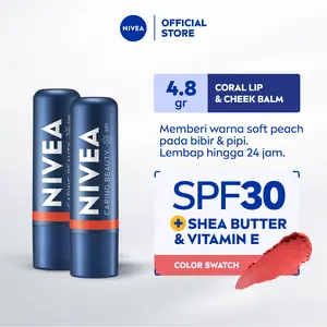 (PAKET HEMAT ISI 2) NIVEA Lip Balm Caring Color Coral 3 in 1 SPF 30 4.8gr - Pelembap bibir warna nude tinted pigmented melembapkan plumpy kering pecah-pecah tahan lama melindungi bibir natural intensif  glossy - Vitamin C & E, 3 Natural Oils, Shea Butter