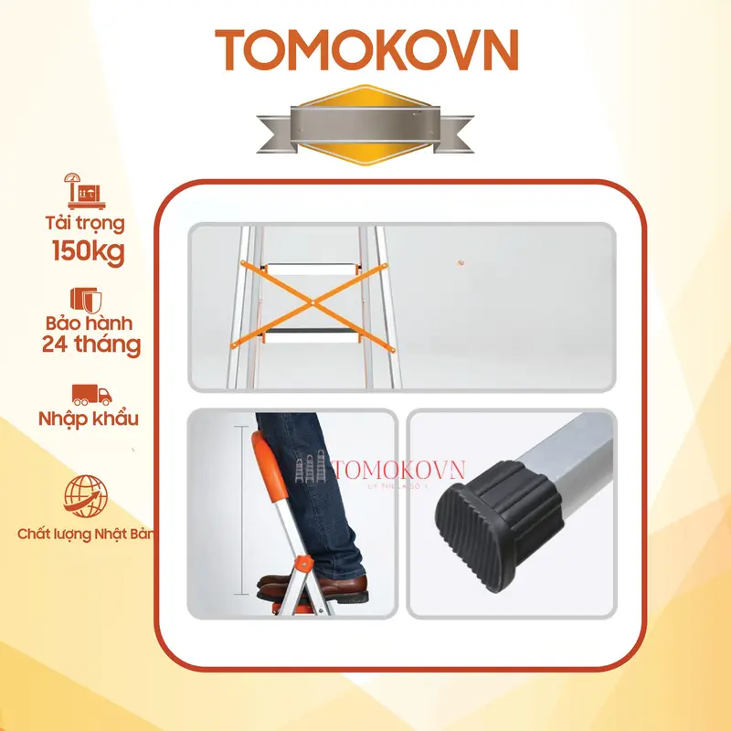 Thang TOMOKO INOX Ghế Tay Vịn Chữ A Bản To Vân Sần Cao Cấp Nhôm Dày Chân Gắn Cao Su 34567 bậc vân cao su chống trượt 6