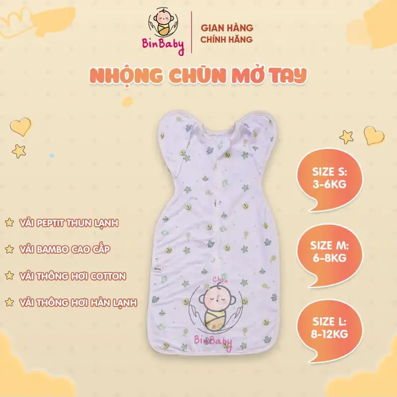 Nhộng chũn mở tay Binbaby cho bé – Vải thoáng khí co giãn 4 chiều – Giúp bé ngủ ngon, giảm giật mình 7