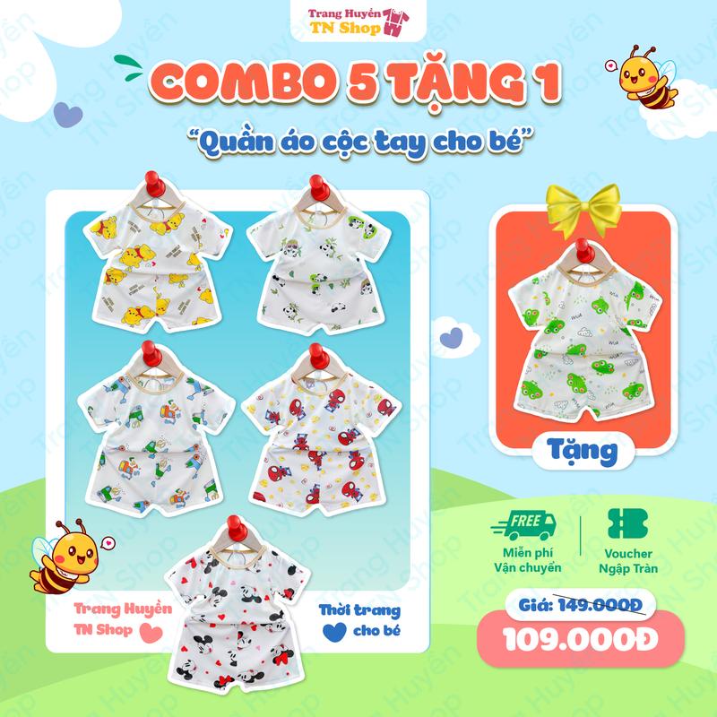 Combo 5 bộ (Tặng 1 bộ) quần áo cộc tay chất tăm cộc tay cho bé trai bé gái từ 5kg-16kg