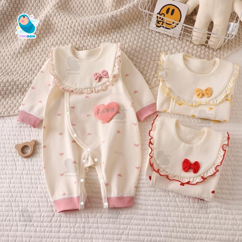 [ Tặng Kèm Yếm ] Body Dài Tay Cho Bé Gái Hình Tim, Bodysuit Thu Đông Mềm Mịn, Đồ Sơ Sinh Liền Thân Timibon Kids [BDD95]