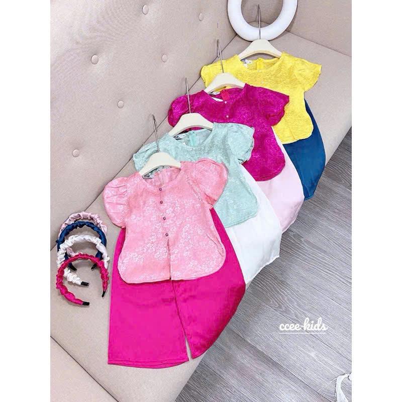 Set bộ áo bà ba tay bí nút bọc màu phối quần gấm lụa cho bé gái từ 10-35kg
