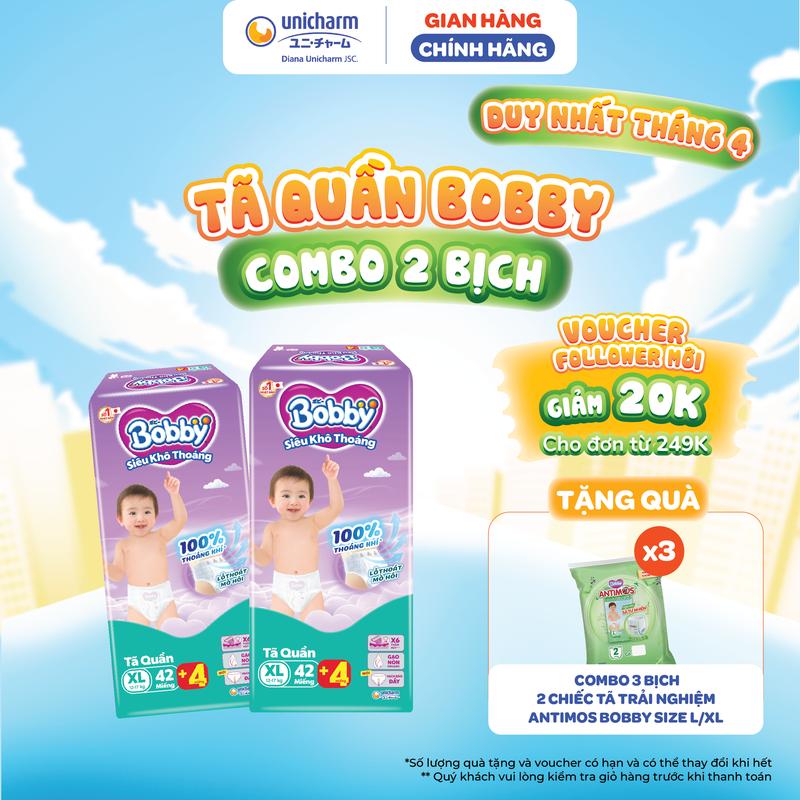 [LS] [TẶNG KÈM 8 MIẾNG ] Combo 2 Tã quần Bobby Siêu Khô Thoáng - Thoáng Khí size M 58 miếng/ Size L 48 Miếng/ size XL 42 miếng/ XXL 38 miếng/ XXXL 29 miếng