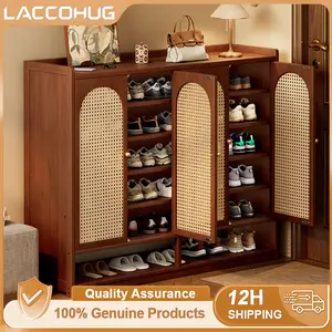 LACCOHUG Lemari Sepatu Rotan Bambu Kokoh 4 Pintu 7 Layers 120x32x94cm Pintu Flip Transparan Anti Debu Penyimpanan Besar untuk Ruang Depan Rumah Kecil & Tangga - Furniture