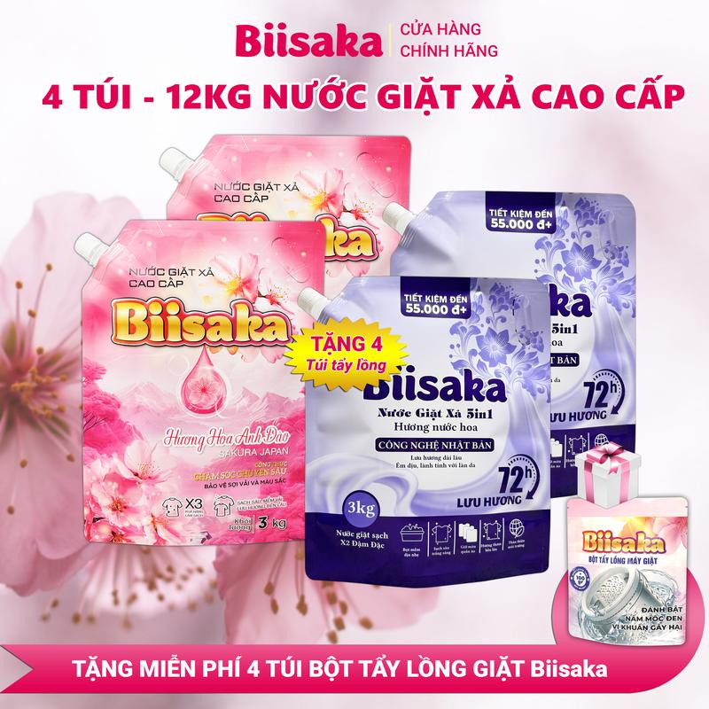 [ COMBO 12KG Nước Giặt Tặng 4 Tẩy Lồng Giặt ], 4 Túi Nước Giặt Xả Cao Cấp Biisaka Tổng 12KG Nước Giặt Tặng 4 Túi Bột Vệ Sinh Lồng Giặt Biisaka