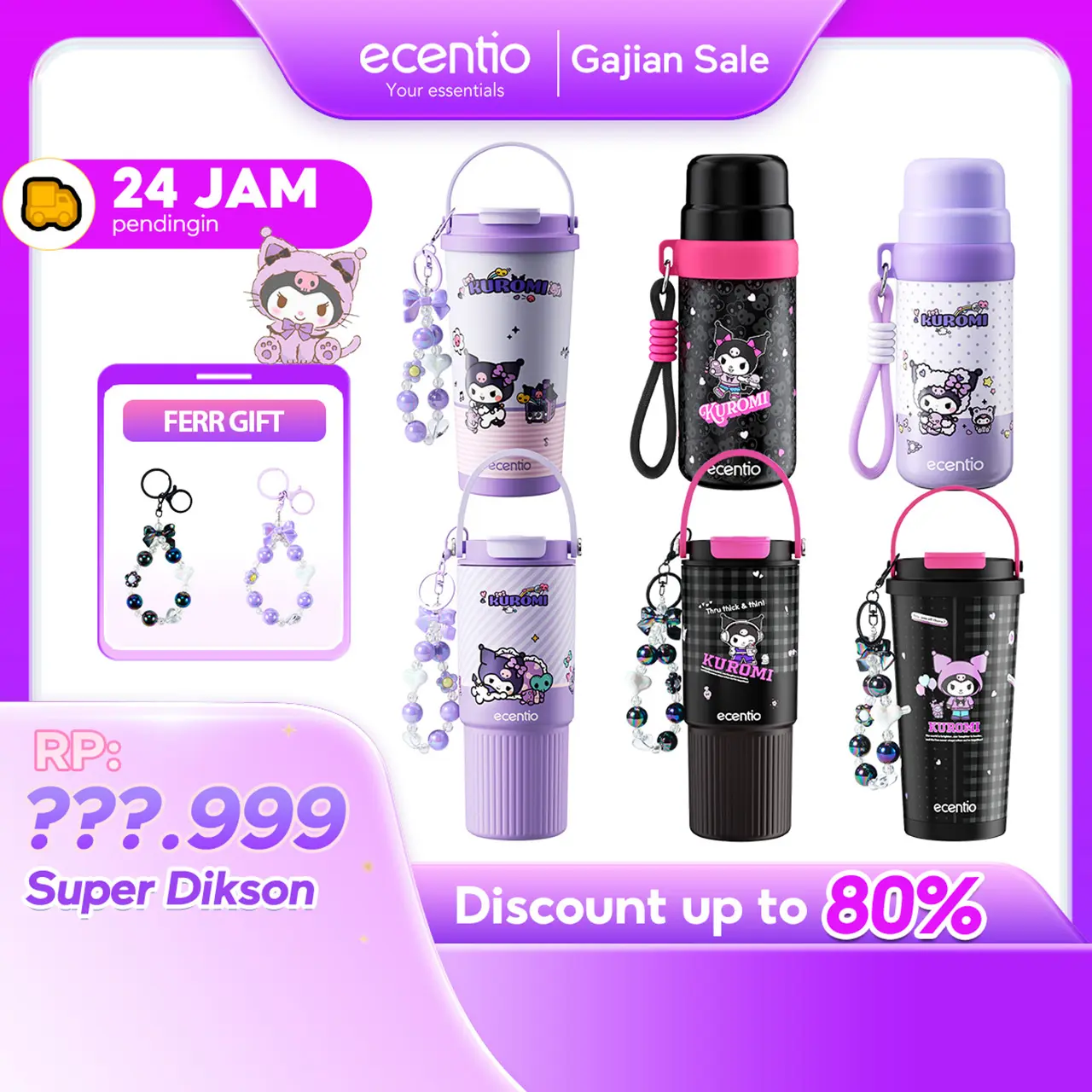 【Exclusive】【K】ecentio Kuromi Tumbler Stainless Steel 350ml/580ml/850ml –【Desain Original kuromi 】 Tahan Panas & Dingin 24 Jam, Warna Hitam & Ungu, Premium Quality