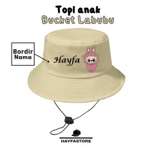 Hayfastore - Topi Bucket Anak Labubu Free Bordir Nama Sablon Motif Labubu Coklat dan Pink
