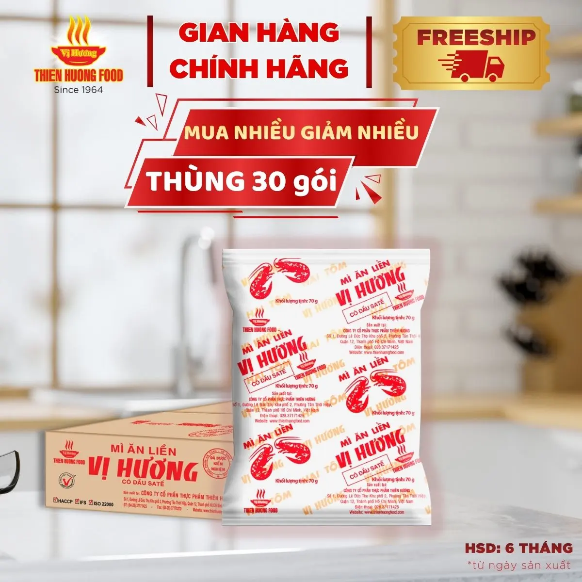 Thùng 30 gói Mì giấy Vị Hương 2 tôm Satế 70gram/gói