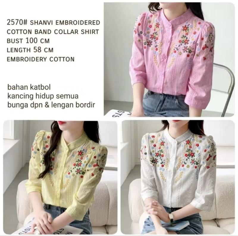 Atasan Shanvi Embroidered Cotton TM 2570 original Three M baju tren 2026 model baru model kekinian fashion kemeja bunga cantik wanita remaja cewek panjang
