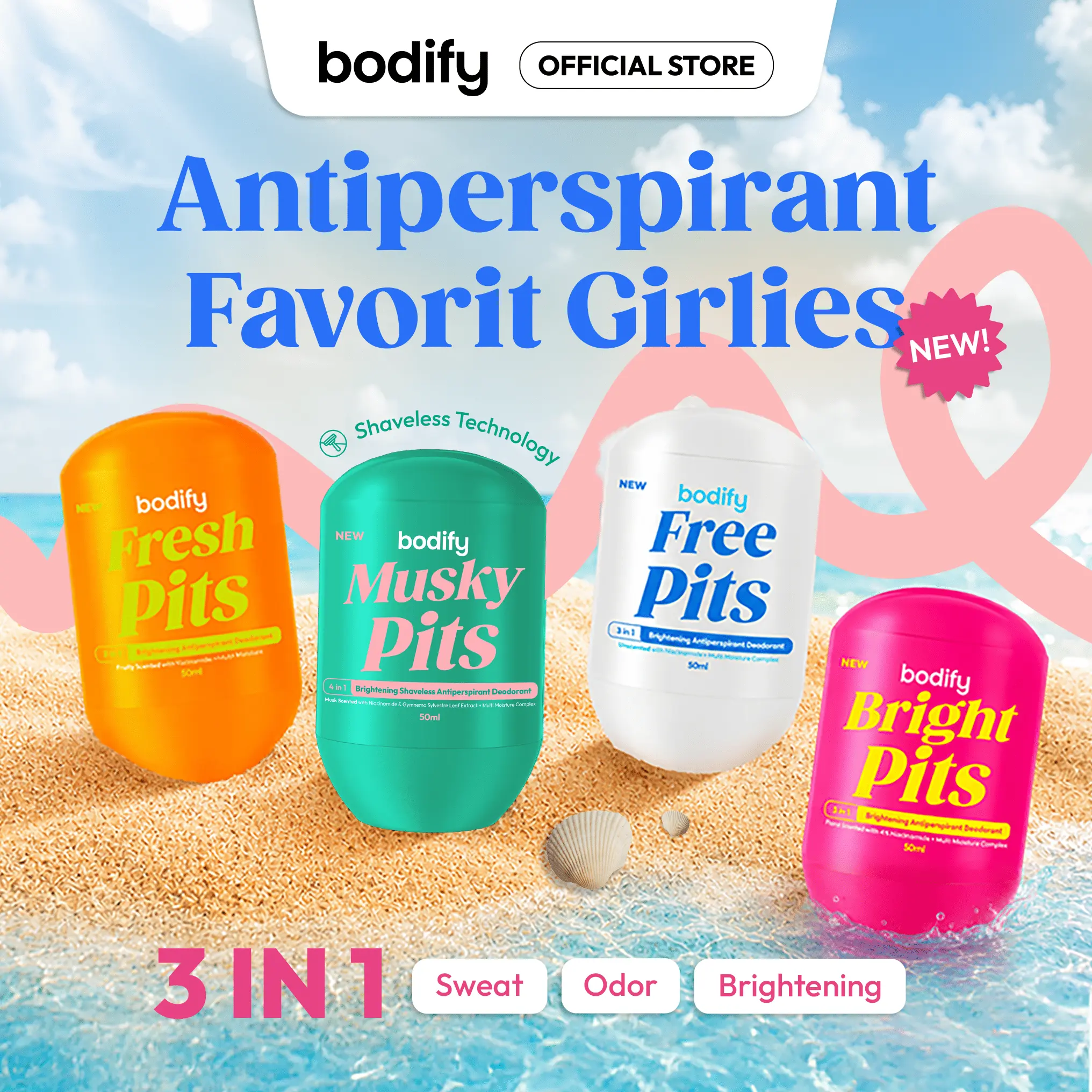 [PITS SERIES]BODIFY PITS FREE/FRESH/BRIGHT/MUSKY 3in1&4in1 Brightening Antiperspirant Deodorant Roll On 50ml Mencerahkan,Lawan Bau Badan & Keringat