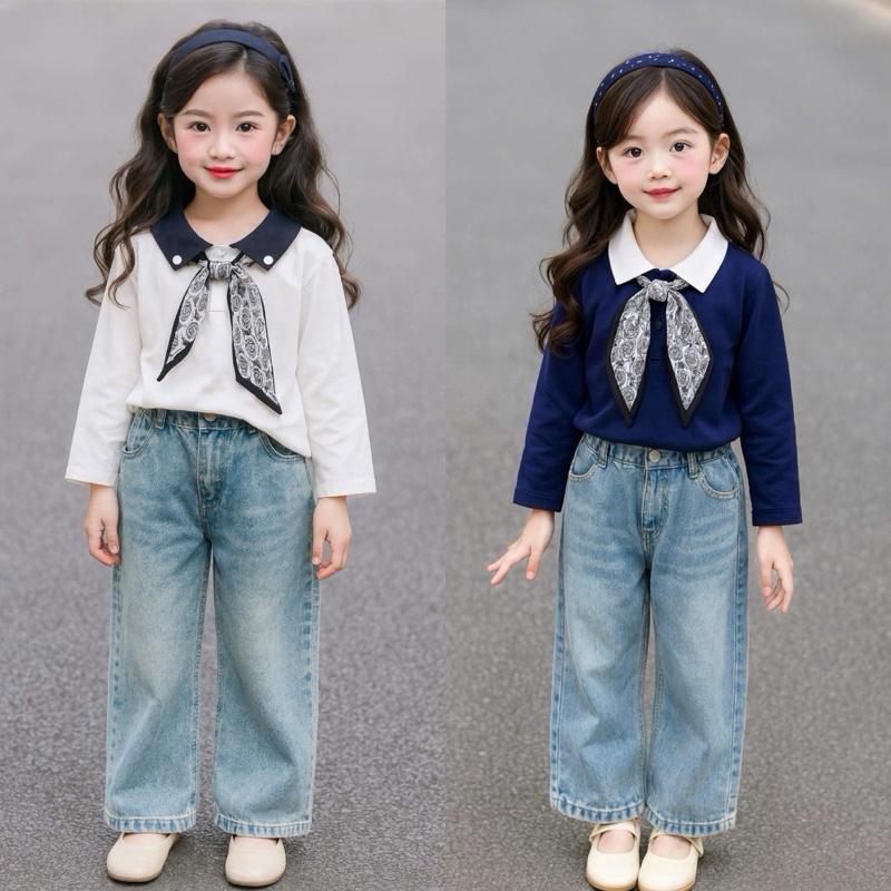  Tặng Khăn Lụa Ong kis Sét áo phông tay dài cổ pholo Kèm quần Jane mền cho bé gái 10-33kg 