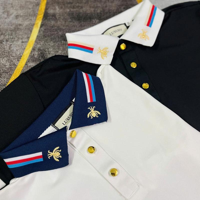 Áo Polo Nam Q.C , Cổ Xanh Trắng Hoạ Tiết Dệt Ong Nút Vàng, Chất Vải Gai Dệt Kim Sợi Nhỏ, Co dãn Cao Cấp