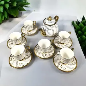 Set Teko Teh Cangkir Keramik 1 Teapot 6 Cups Luxury Style Elegan Praktis & Aman Bahan Premium Cocok Untuk Acara Spesial Dan Sehari-hari
