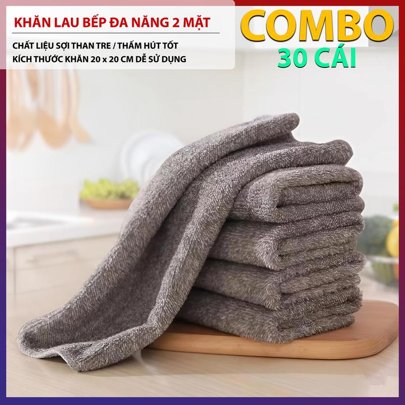 COMBO 30 Cái Khăn Lau Bếp Đa Năng Siêu Thấm 2 Mặt Khăn Lau Đa Năng Sợi Than Tre Thấm Hút Tốt Lau Bát Đũa , Lau Kính, Lau Sàn Làm Sạch Khăn Lau Ô Tô Tiện Lợi