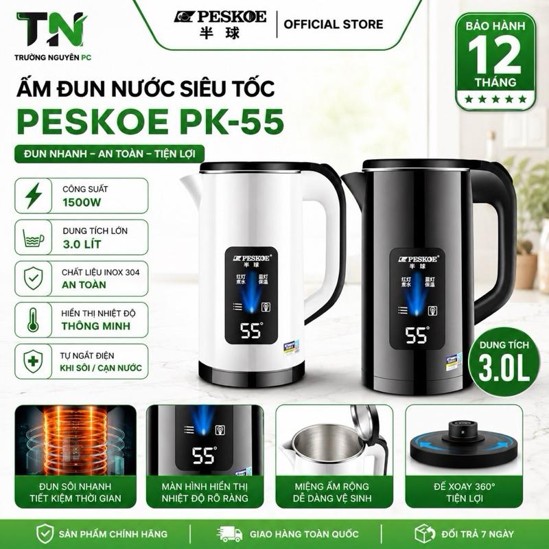 Ấm Đun Siêu Tốc giữ nhiệt PESKOE PK-55 3L Inox 304 Cao Cấp - Màn Hình Hiển Thị Nhiệt Độ LED - Giữ Nhiệt Thông Minh