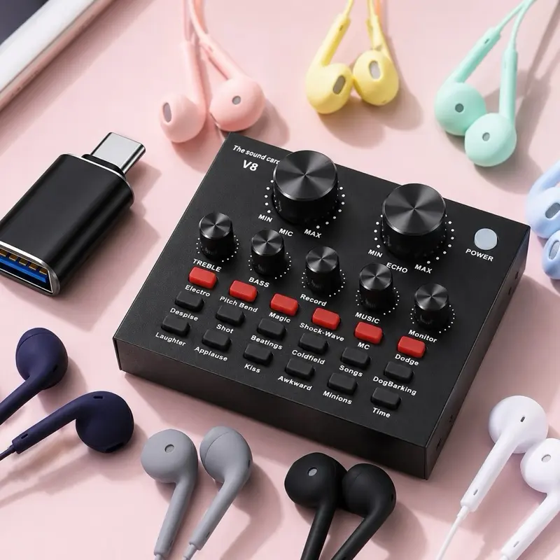 Paket Live Soundcard V8 + Headset Macaron + OTG untuk Streaming dan Recording Kualitas Suara Terbaik