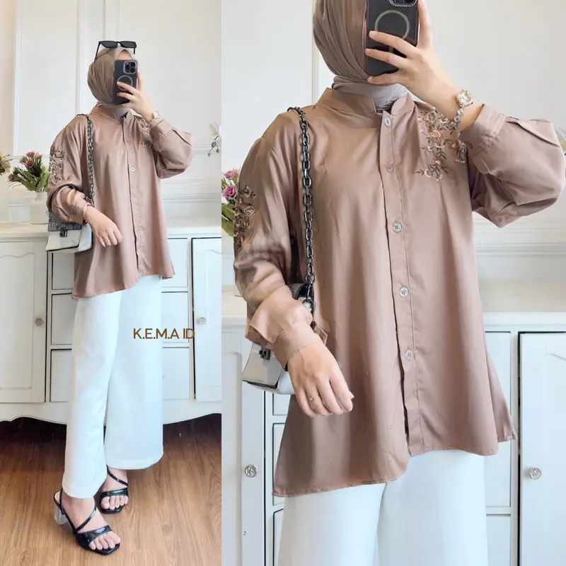 Jasmine blouse bordir bunga linen katun twill blouse wanita atasan vintage nyaman cantik full kancing Oversize Formal Panjang Lembut Santai 4