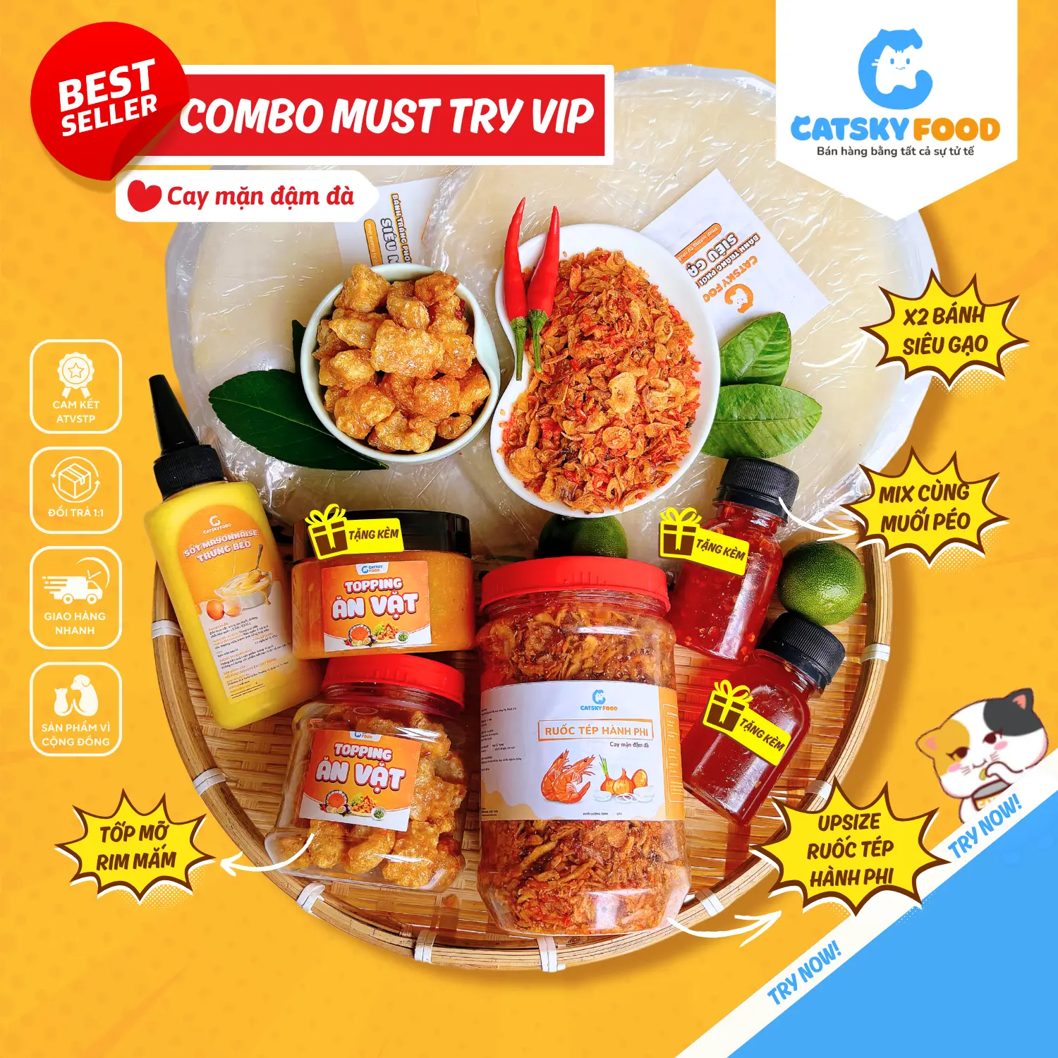 Combo Must Try Bánh Tráng Phơi Sương - Catsky Food - Full Topping Ruốc Tép Hành Phi Có Sốt Muối Béo Chua Cay Nhẹ, Tặng Thêm Topping Hấp Dẫn, Đồ Ăn Vặt Snack Food Combobanh Trang Tuổi Thơ Snack Food