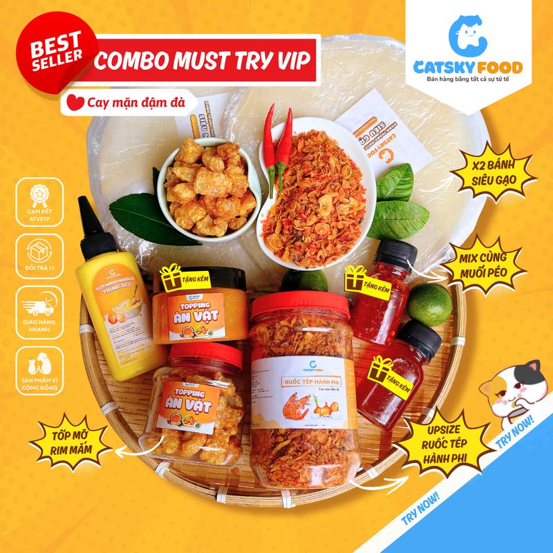 Combo Must Try Bánh Tráng Phơi Sương - Catsky Food - Full Topping Ruốc Tép Hành Phi Có Sốt Muối Béo Chua Cay Nhẹ, Tặng Thêm Topping Hấp Dẫn, Đồ Ăn Vặt Snack Food Combobanh Trang Tuổi Thơ snack food