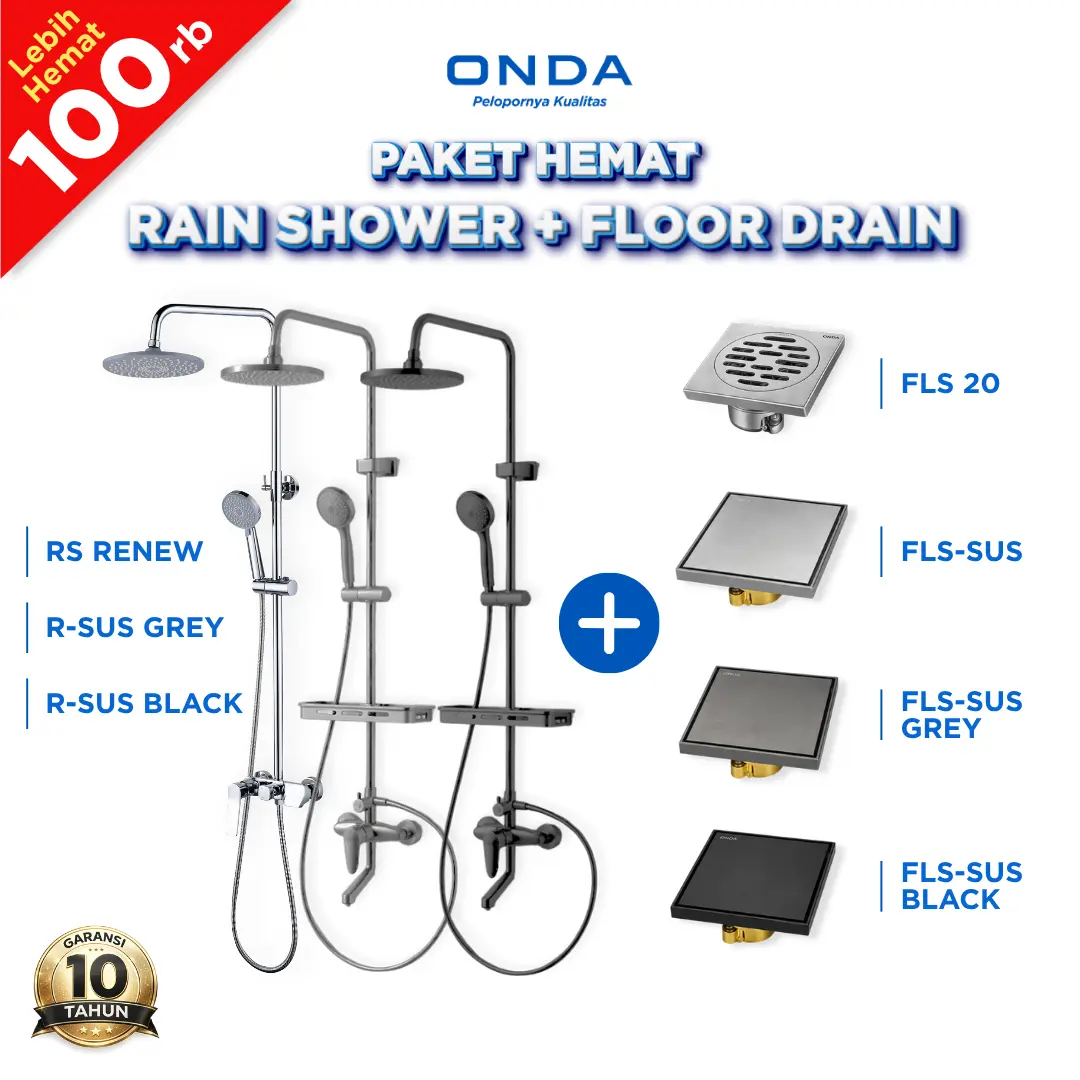 ONDA PAKET HEMAT Rain Shower Set Tiang Kran Panas Dingin Kamar Mandi + Floor Drain Anti Serangga