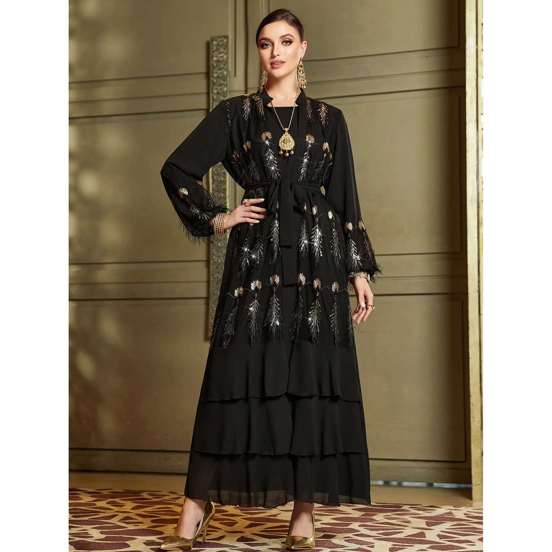 Black gold tassel feather sequin embroidery inner and outer two-piece set high-quality dress for Dubai party women in the Middle East