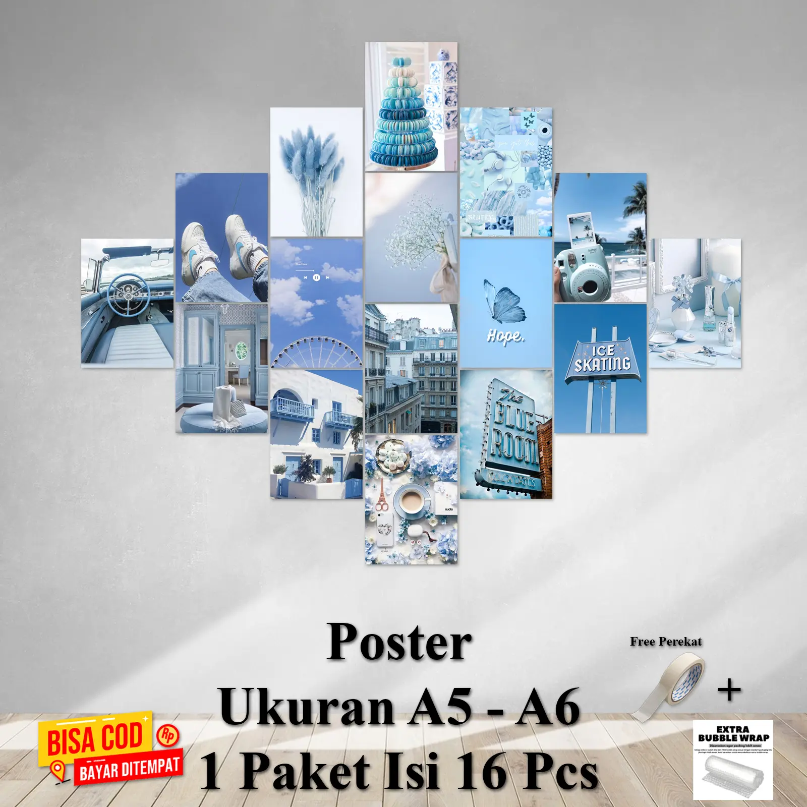 Poster Dinding Kamar Tema BLUE Ukuran A5 A6 1 Paket isi 16 Pcs Hiasan Dinding Kamar Dekorasi Kamar Cetak Foto Walldecor Bisa Bayar ditempat COD Kertas