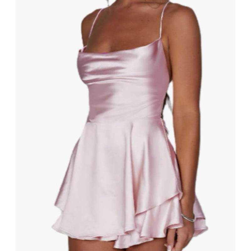 Popular Sleevesless Mini Dress Spaghetti Strap Sexy Women Dress Tie-up Solid Color Sling Jumpsuit 3