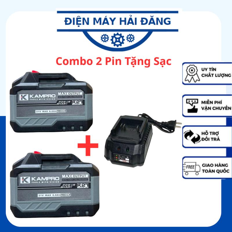 COMBO 2 Pin Tặng Sạc Pin 15 Cell KAMPRO Xám 21V Mạch 3 Mosfet Bảng Mạch To Chống Ngắt Tải Chân Pin Phổ Thông 4cm