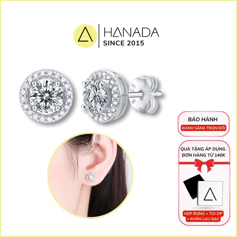 Bông tai bạc 925 nam nữ Tròn Đá HALO Chuẩn 6A hoa tai đẹp cho nữ trang sức sáng lấp lánh đi Tiệc Thanh lịch bông tai nam nữ Hanada 0950 B16