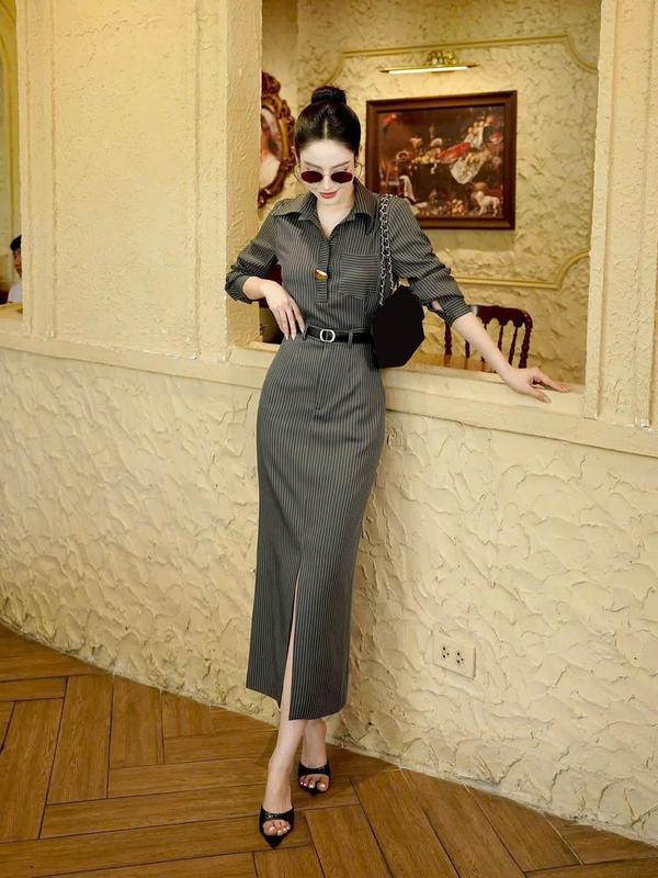  LYNA x Hương Hay Ho- B94 -   Tặng Kèm Đai   - Set Váy Dài Mix Áo Sơ Mi  - LYNA 